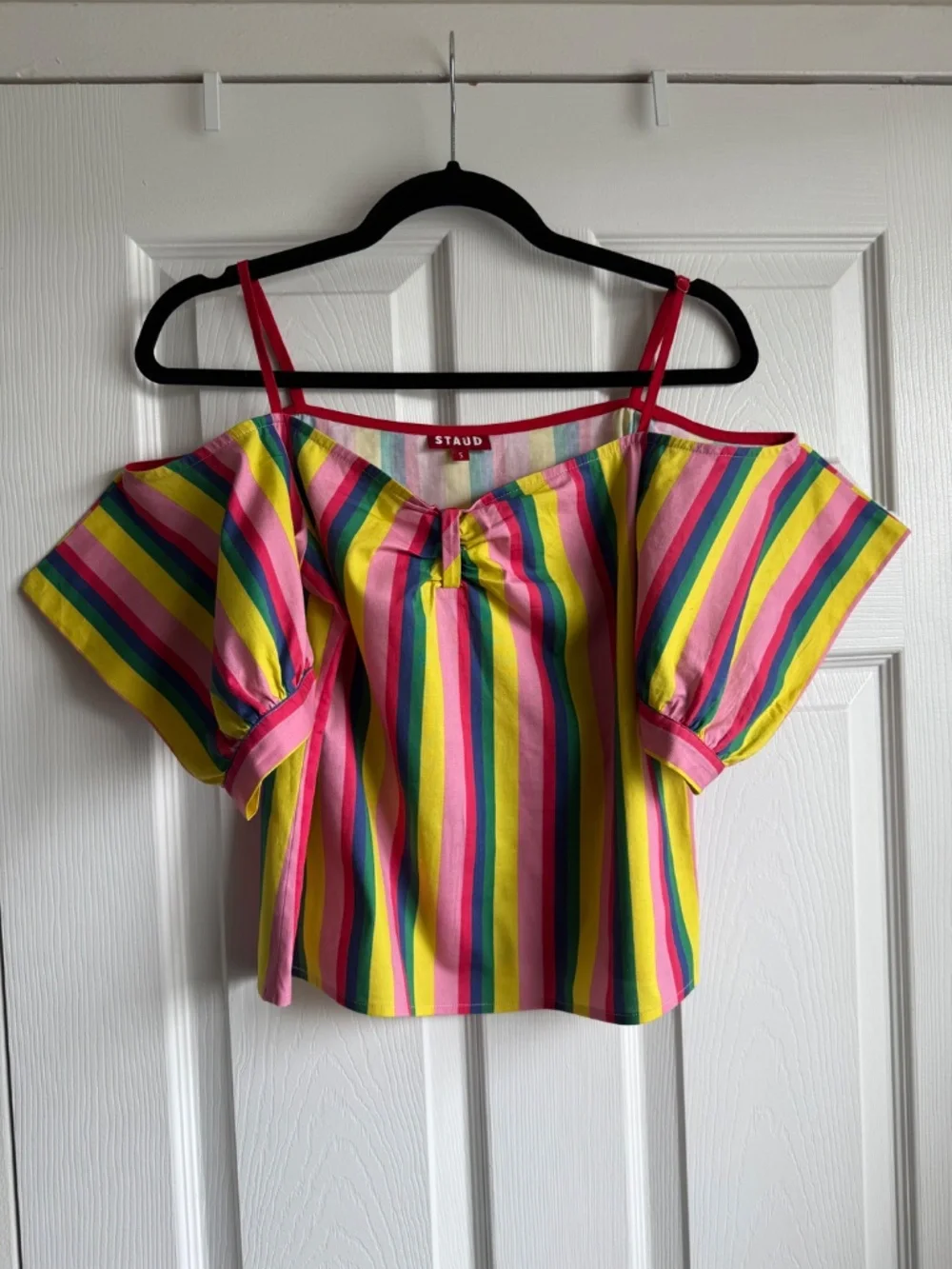 STAUD Rainbow Stripe Ruby Cold Shoulder Puff Sleeve Top Size S